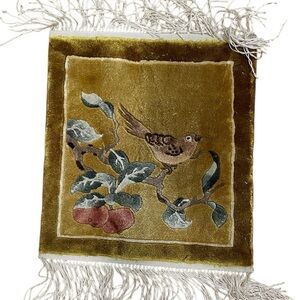 Vintage Chinese Silk Wall Hanging with bird design and fringe